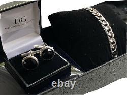 White Gold Finish Men's Curb Bracelet And Black Onyx Cuff Links Gift Set