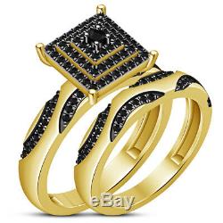 Yellow Gold Finish Diamond His Her Wedding Band Trio Set Bridal Engagement Ring