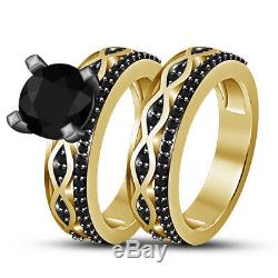 Yellow Gold Finish His Her Diamond Engagement Bridal Wedding Band Trio Ring Set